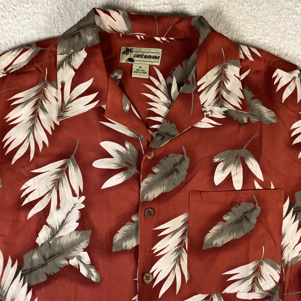 Cafe Havana Mens XL Silk Tropical Palm Leaf Button Down Shirt Rust Red Aloha